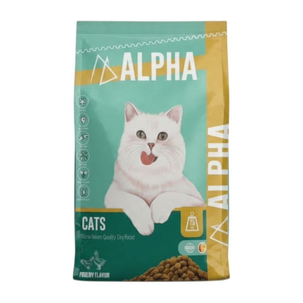 PetFriend Alpha Cat dry food 20 kg bag with a white cat illustration on a teal and gold background