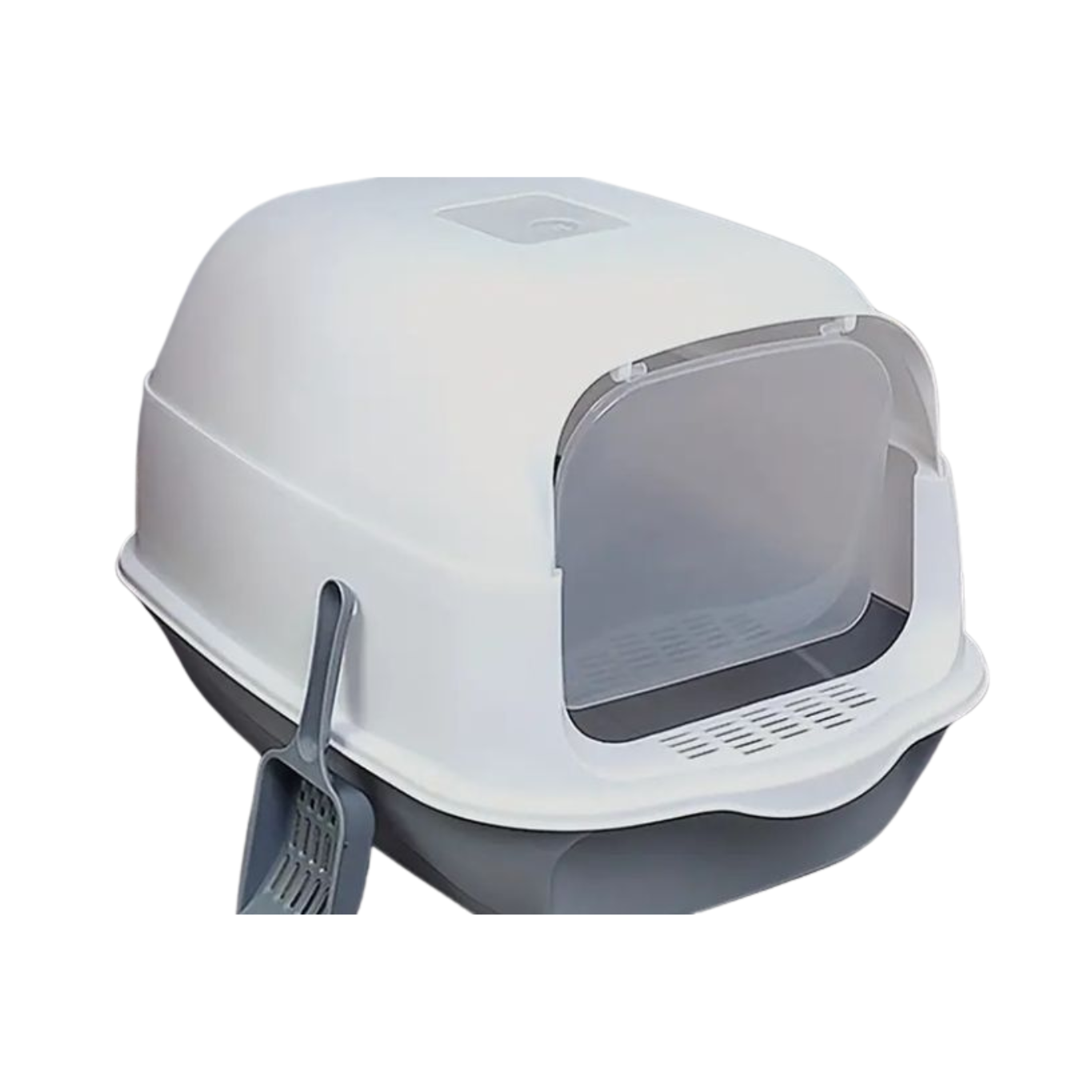 Pet litter box with transparent top on a white background