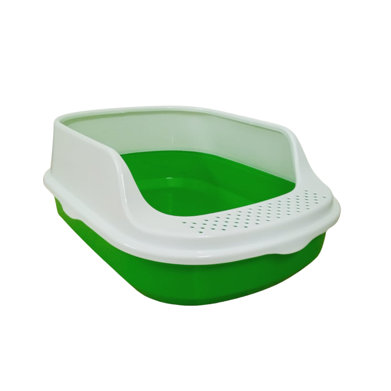 Green and white pet litter box on a white background