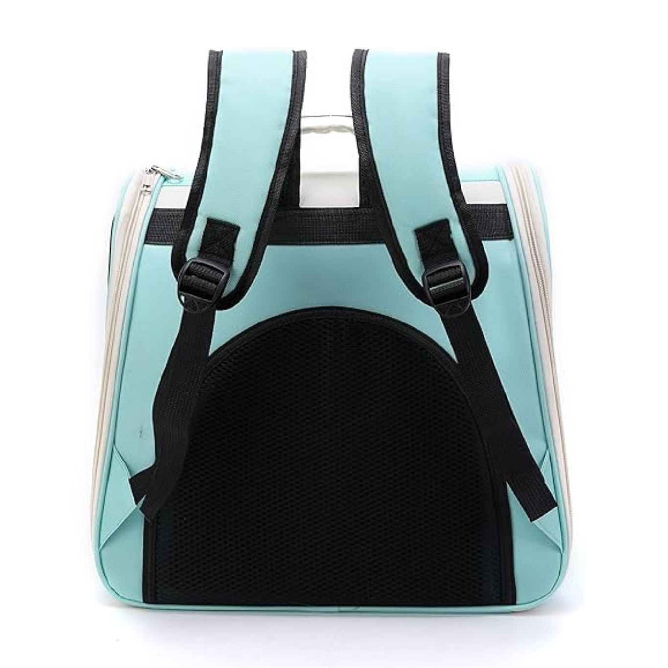 Light blue pet carrier with black interior and straps on a white background