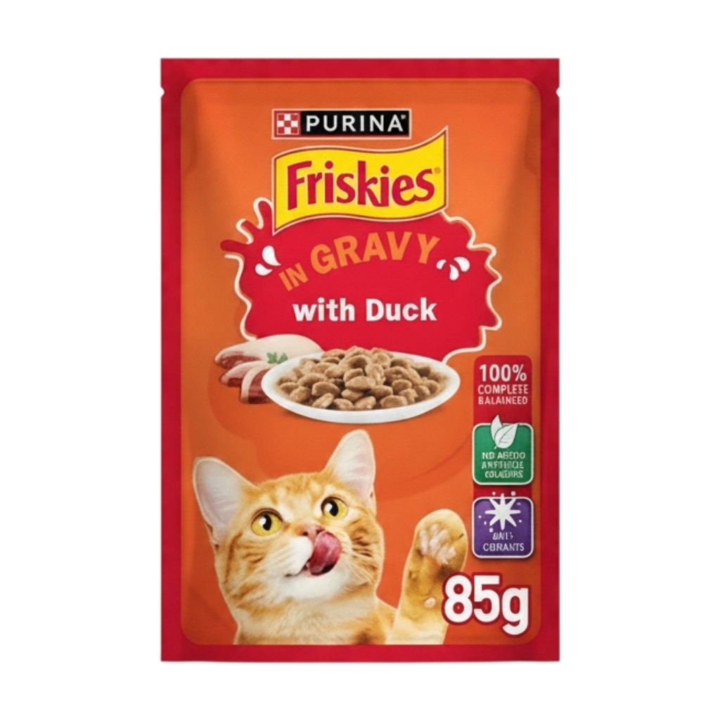 PetFriend Friskies wet cat food pouch with duck in savory gravy, 85g serving size for adult cats