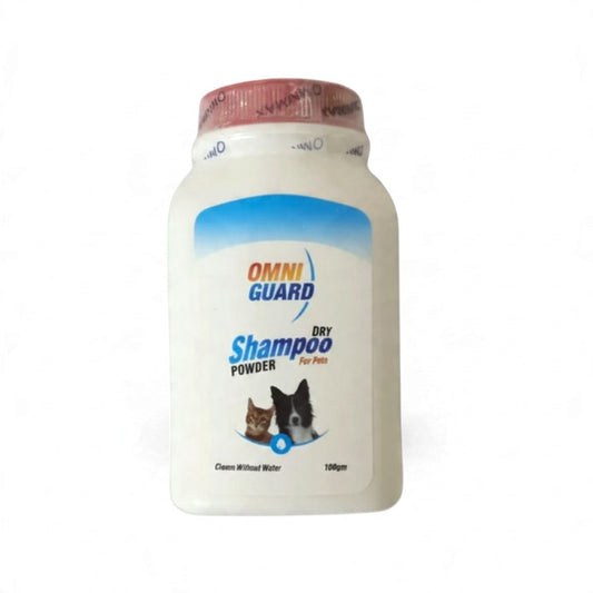 PetFriend OmniGuard dry shampoo powder for dogs and cats in a 100g bottle for waterless grooming