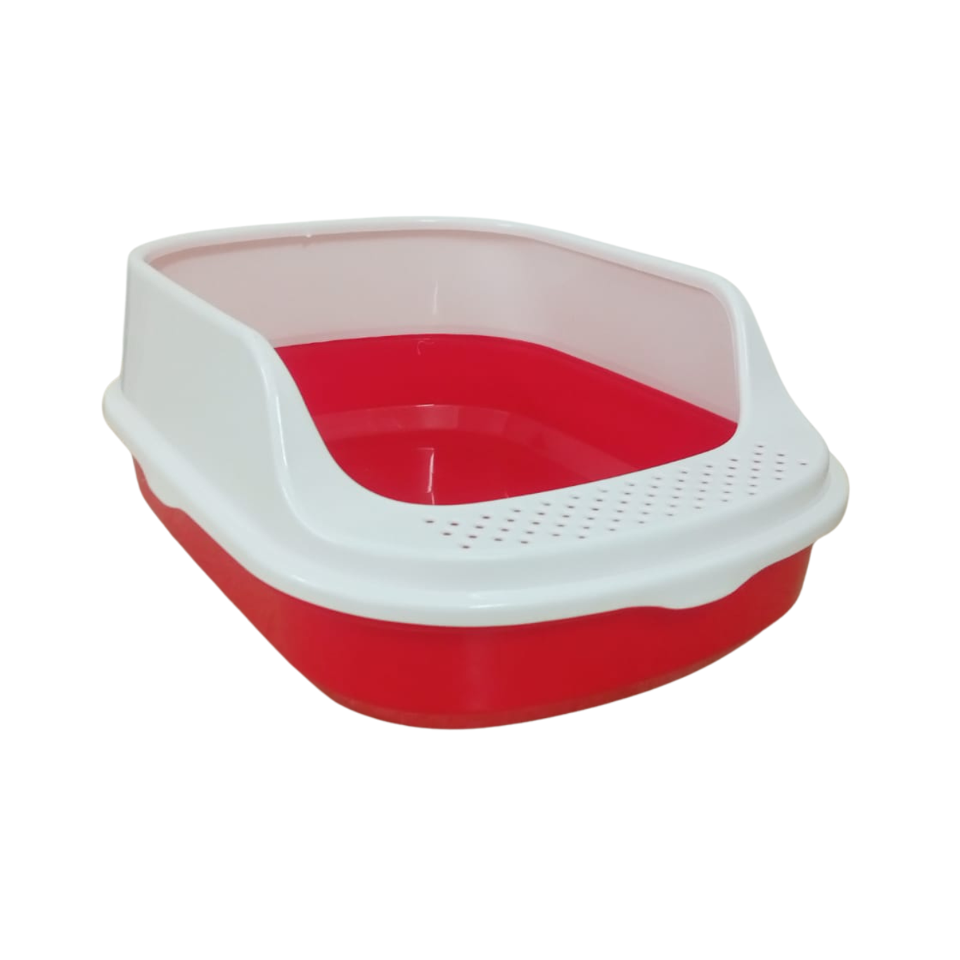 Red and white pet litter box on a white background