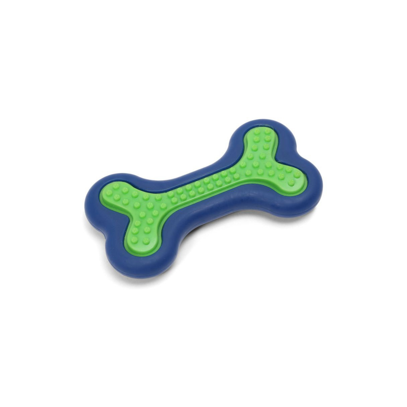 Blue and green bone-shaped toy on a white background