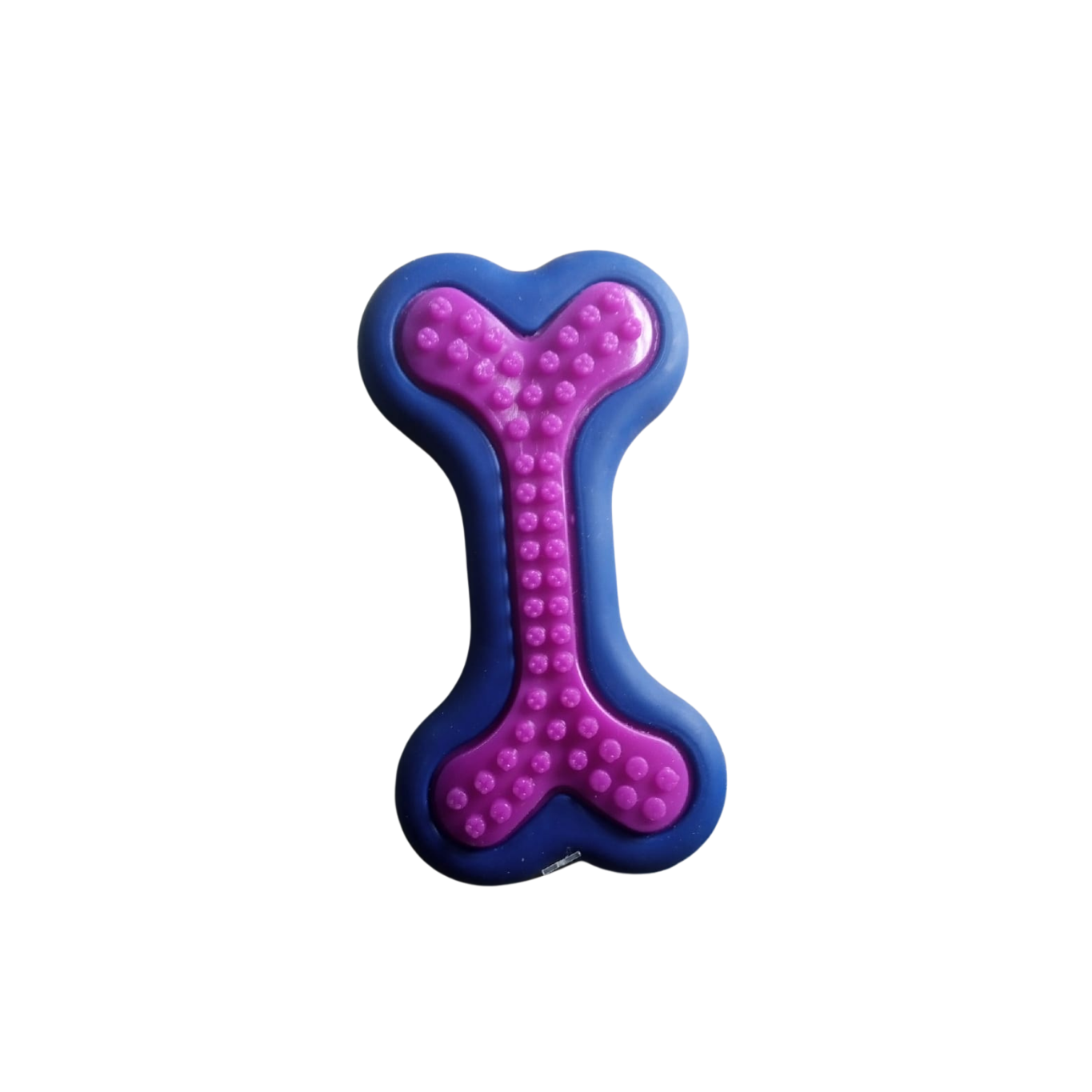 Pink and blue bone-shaped toy on a white background
