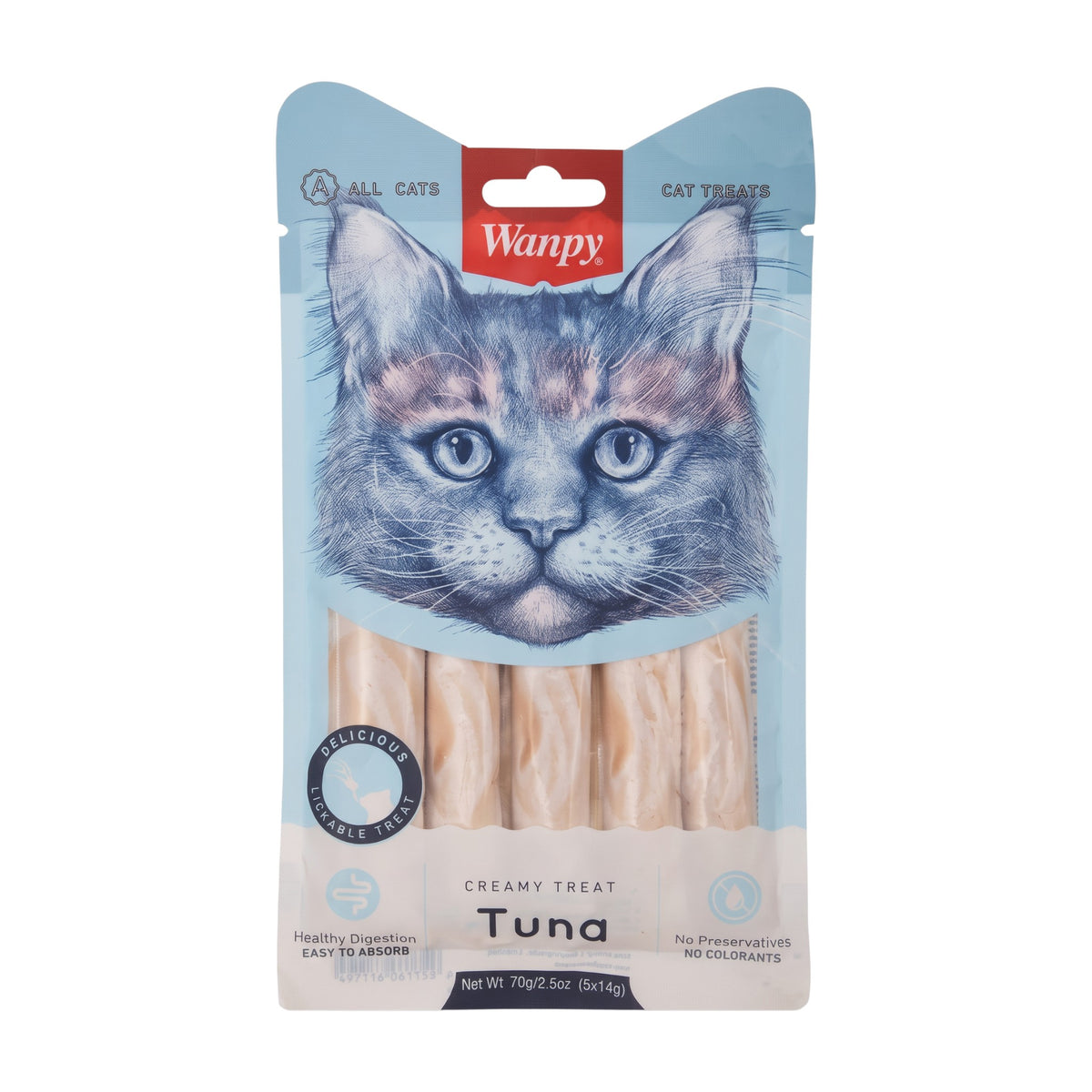 PetFriend Wanpy creamy tuna and codfish cat treat pack containing 5 individual sticks for healthy digestion.