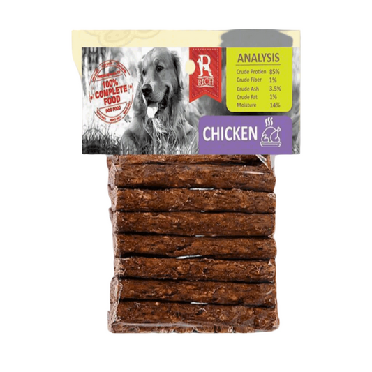 Stack of dog food bars with a branded package on a white background