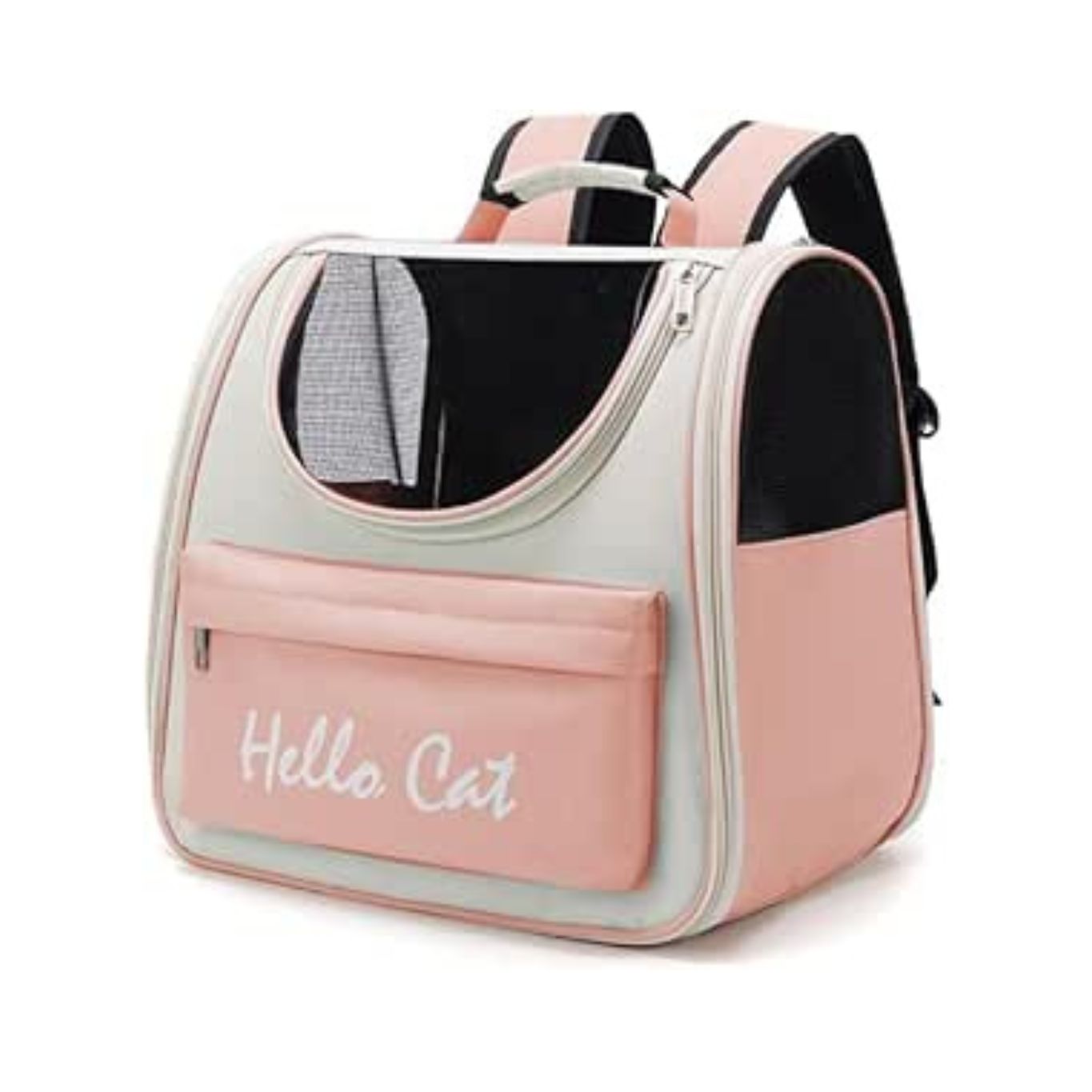 Pink pet carrier with 'Hello Cat' text on a white background
