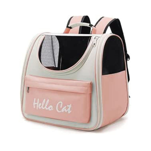 Pink pet carrier with 'Hello Cat' text on a white background