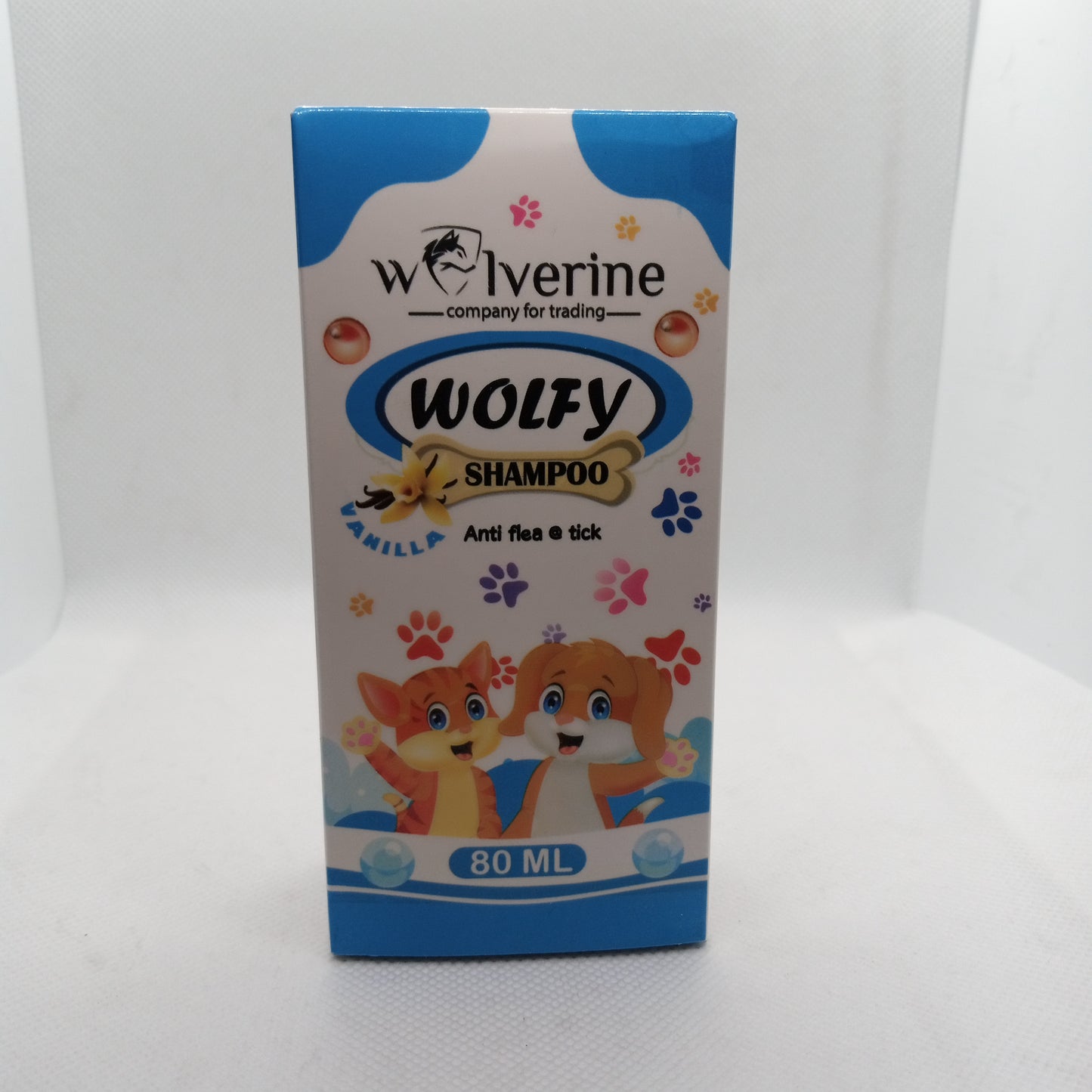 Box of Wolverine Wolfy Shampoo for cats on a white background