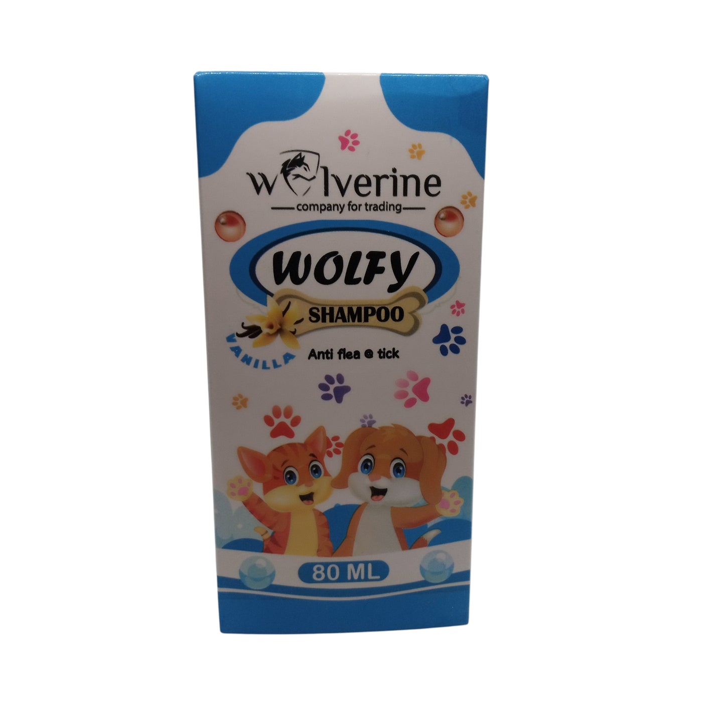 Box of Wolverine Wolfy Shampoo for cats on a white background