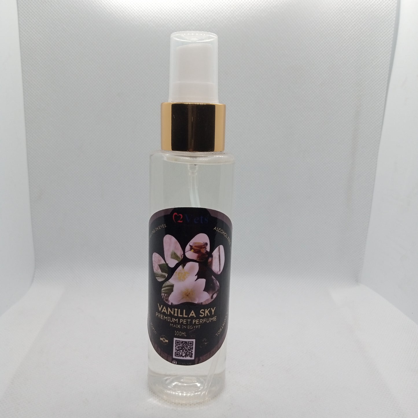 Vanilla Sky pet perfume bottle with gold cap on a white background