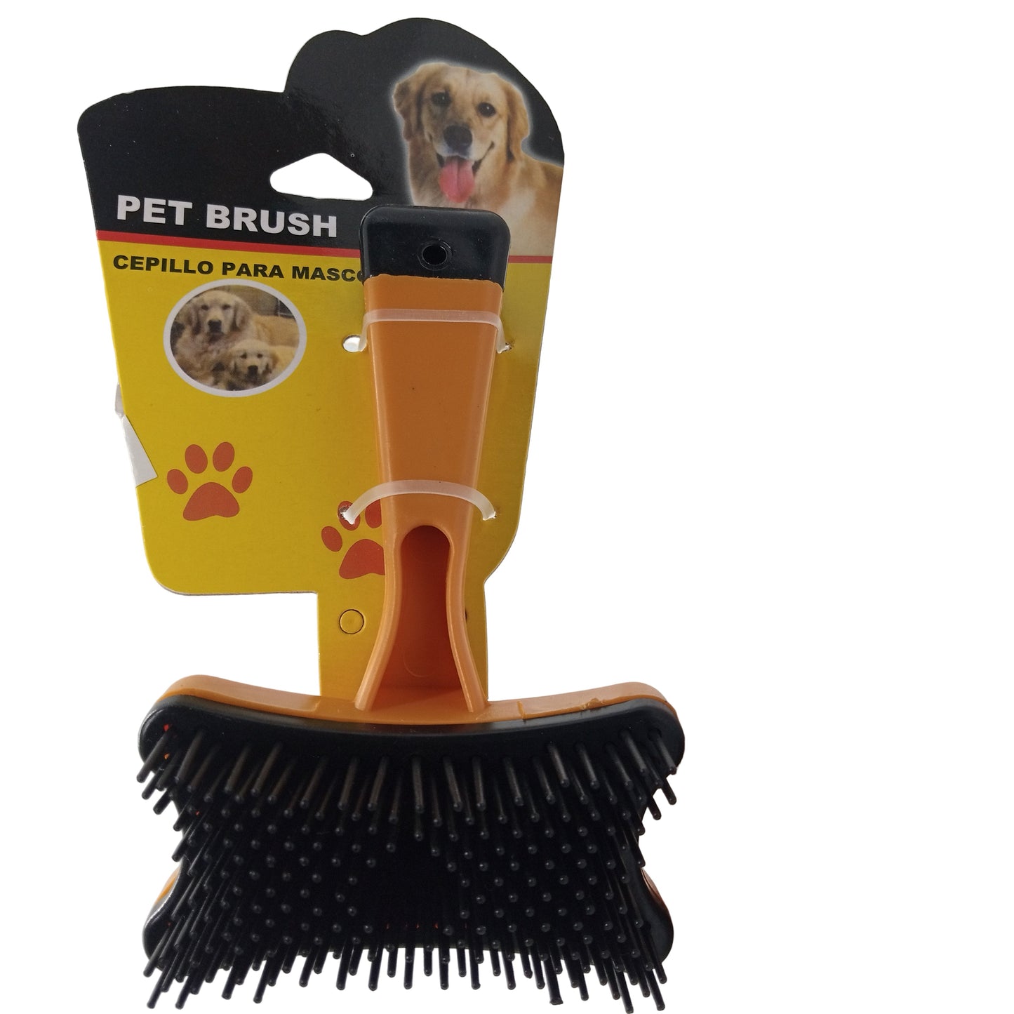 Pet brush with orange handle and black bristles on a white background