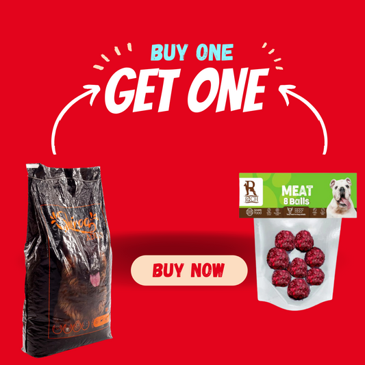 Promotional graphic with dog food package and treats on a red background