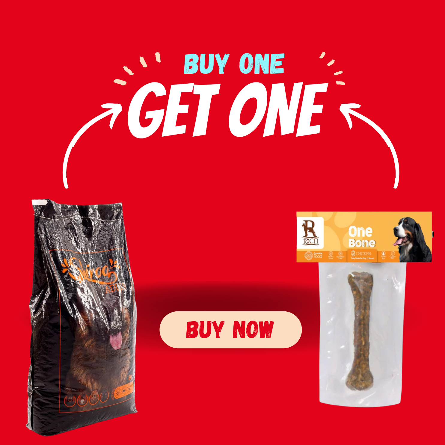 Promotional graphic with dog food package and treat on a red background, featuring 'Buy One Get One' offer.