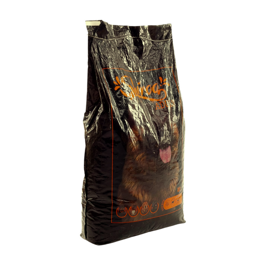 Dog food bag with a brand logo on a white background