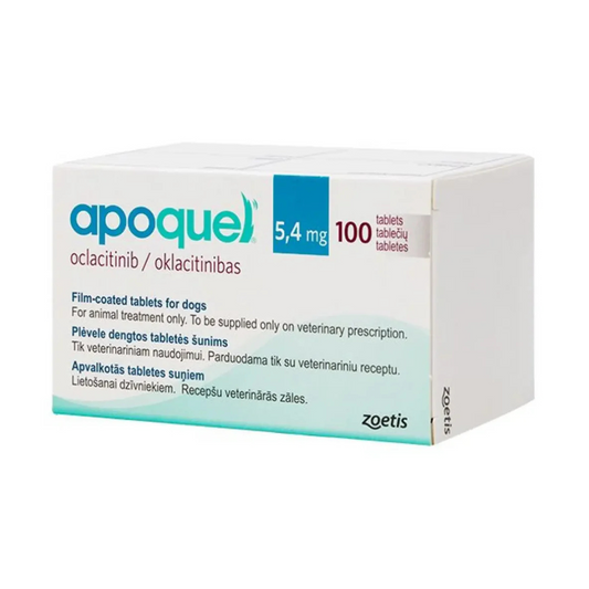 Box of apoquel tablets for dogs with 100 tablets on a white background