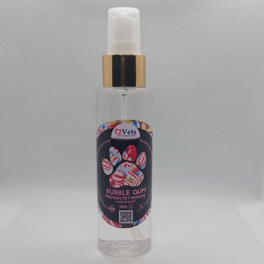 Clear spray bottle with colorful label on a gray background