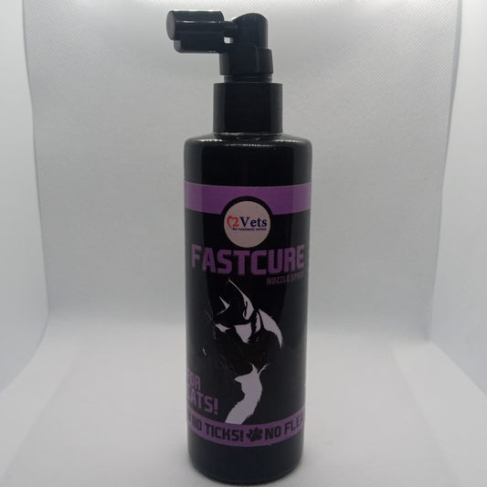 Bottle of Fastcure pet product with a purple label on a white background