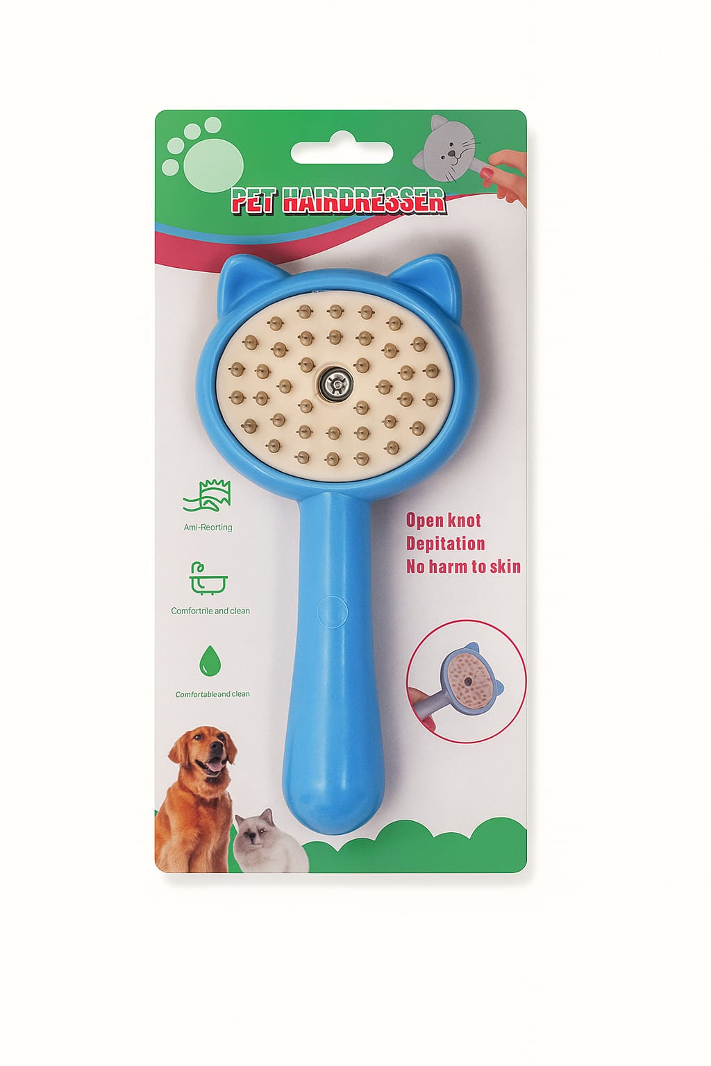 Blue pet hairbrush with cat ears on a white background