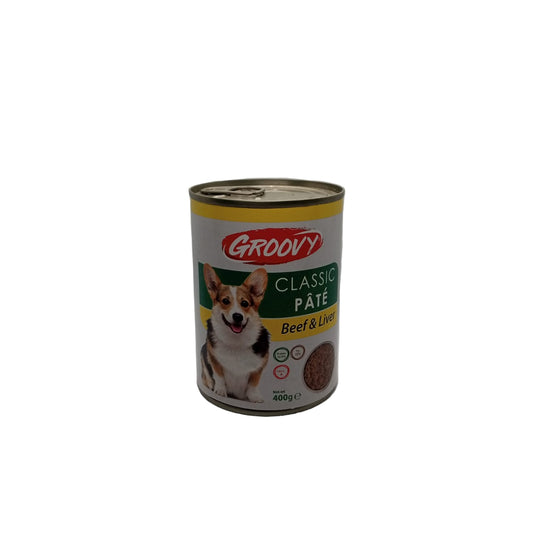 Can of Groovy Classic Pate Beef & Liver dog food on a white background