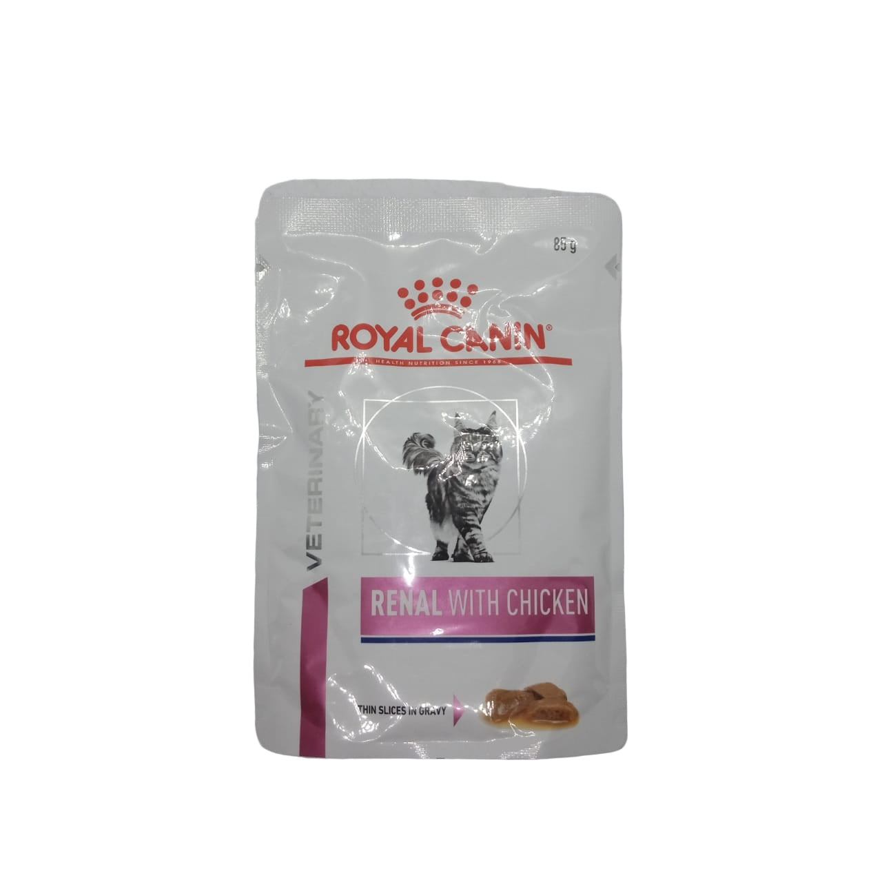 Royal Canin Veterinary Diet Renal with Chicken cat food pouch on a white background