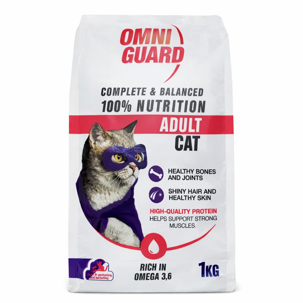 Omni Guard cat food package with a cat wearing a superhero mask on a white background