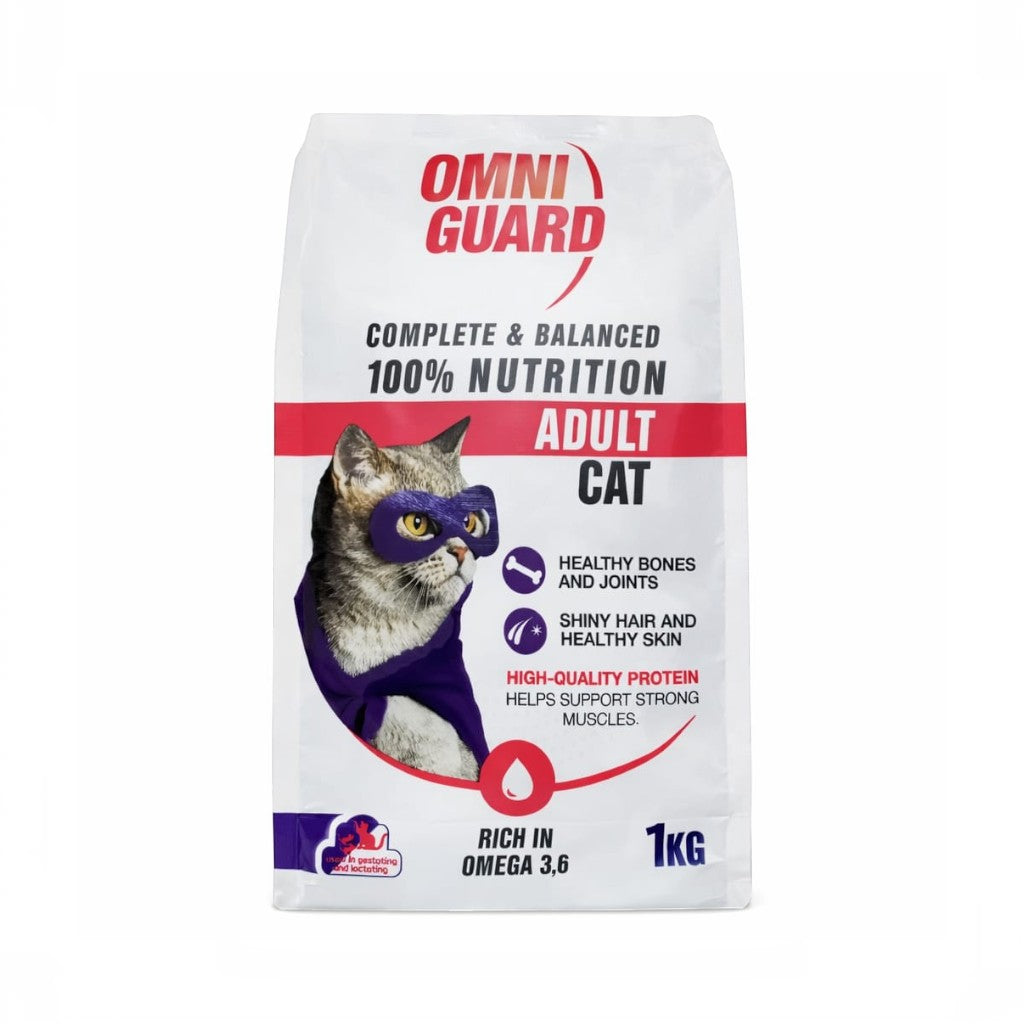 Omni Guard cat food package with a cat wearing a superhero mask on a white background
