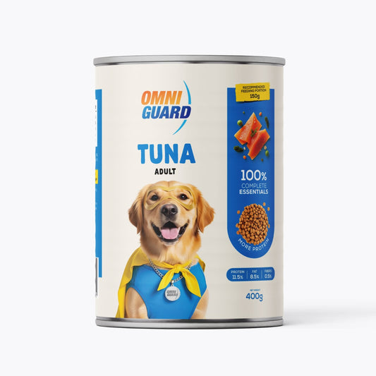 Can of Omni Guard Tuna Adult dog food on a white background