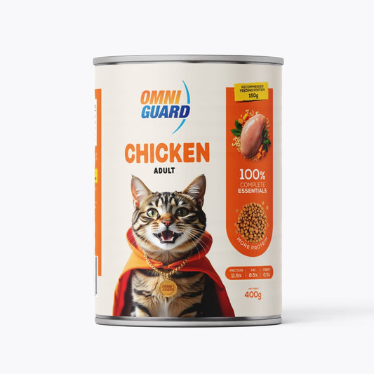 Can of Omni Guard Chicken Adult cat food on a white background
