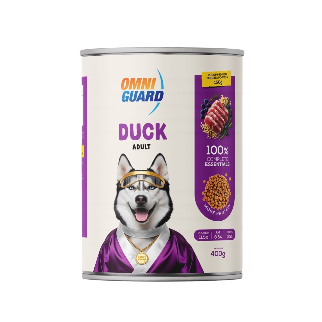 Can of Omni Guard Duck Adult dog food with a dog on the label against a white background