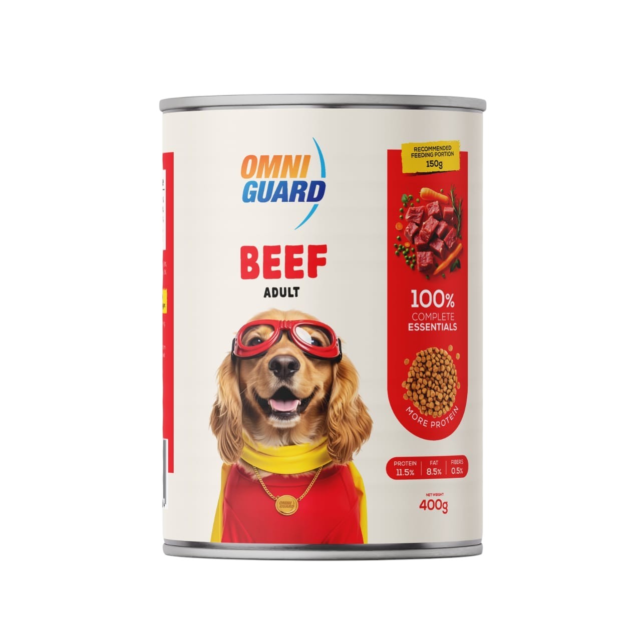 Can of Omni Guard Beef Adult dog food on a white background