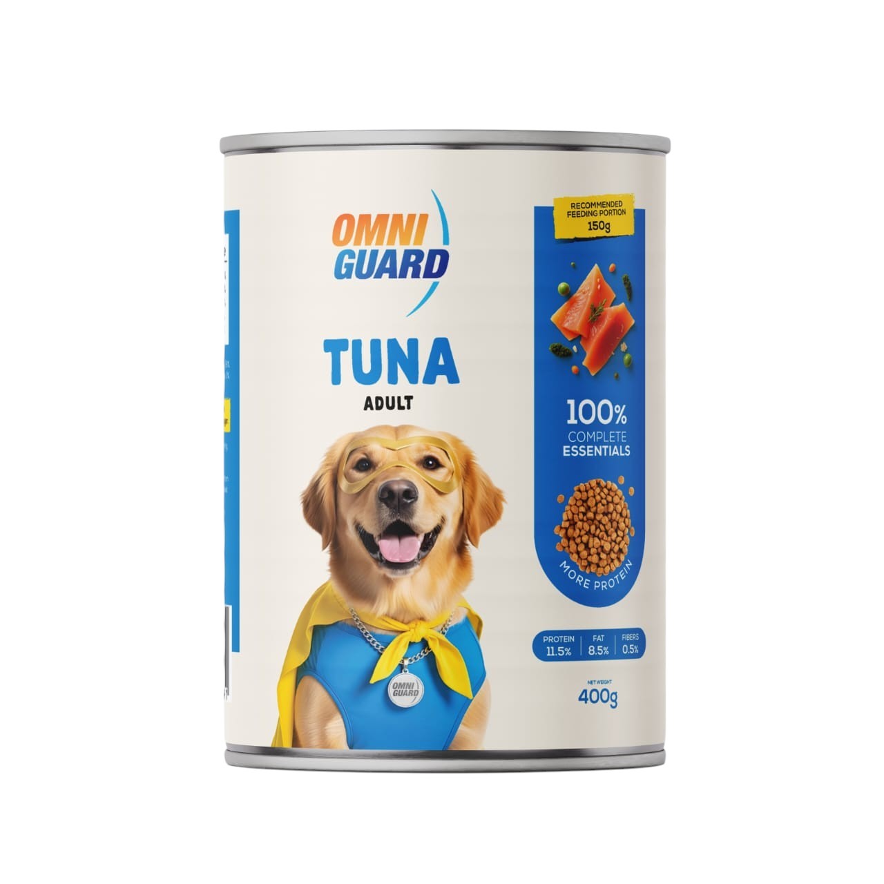 Can of Omni Guard Tuna Adult dog food on a white background