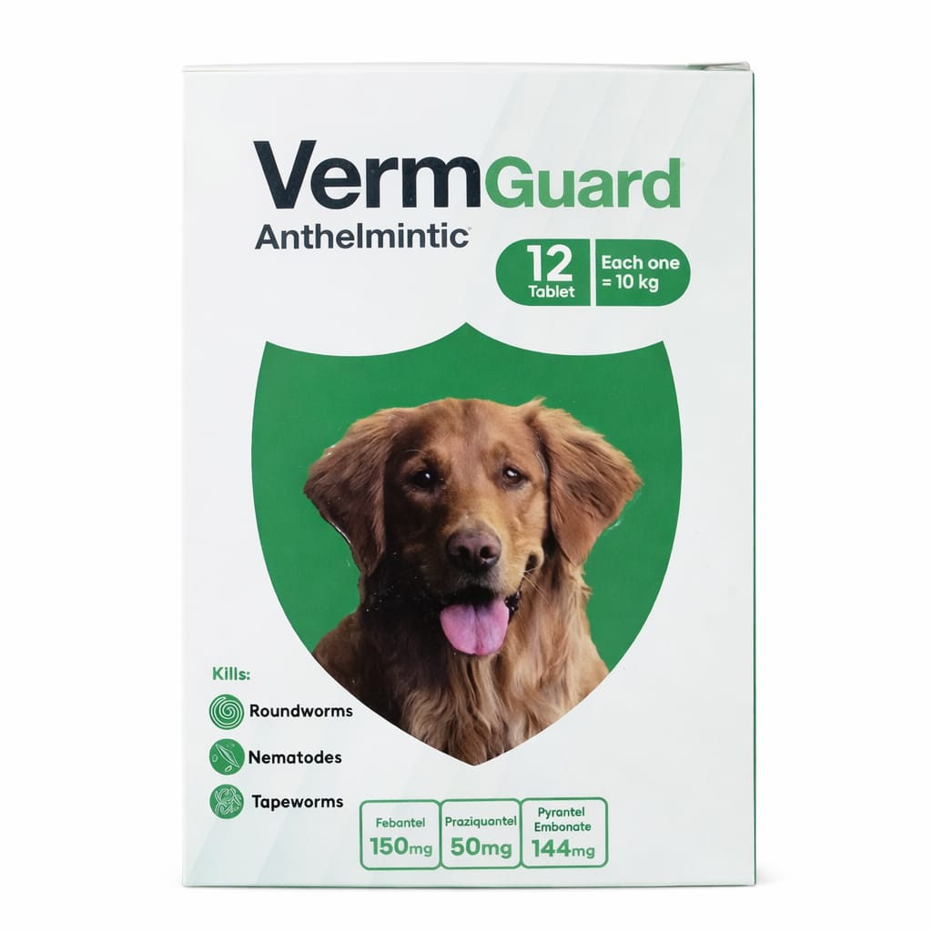 VermGuard anthelmintic packaging with a dog on a white background