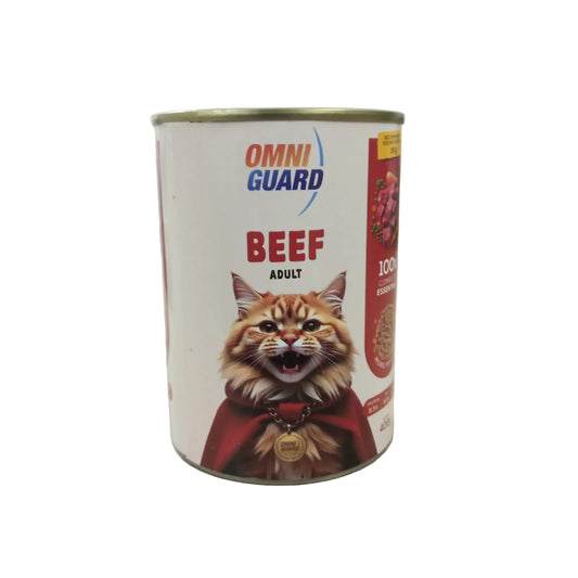 Can of Omni Guard Beef Adult cat food on a wooden surface