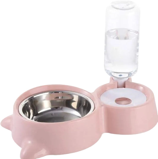 Pink pet bowl and water dispenser on a white background
