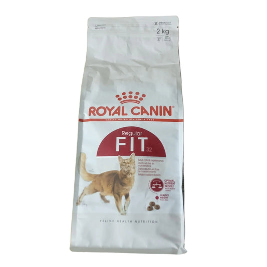 Royal Canin Fit cat food package on a wooden surface