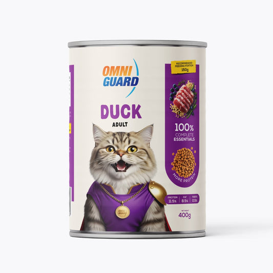 Cat food canister with Omni Guard branding and a cat wearing a purple outfit on a white background