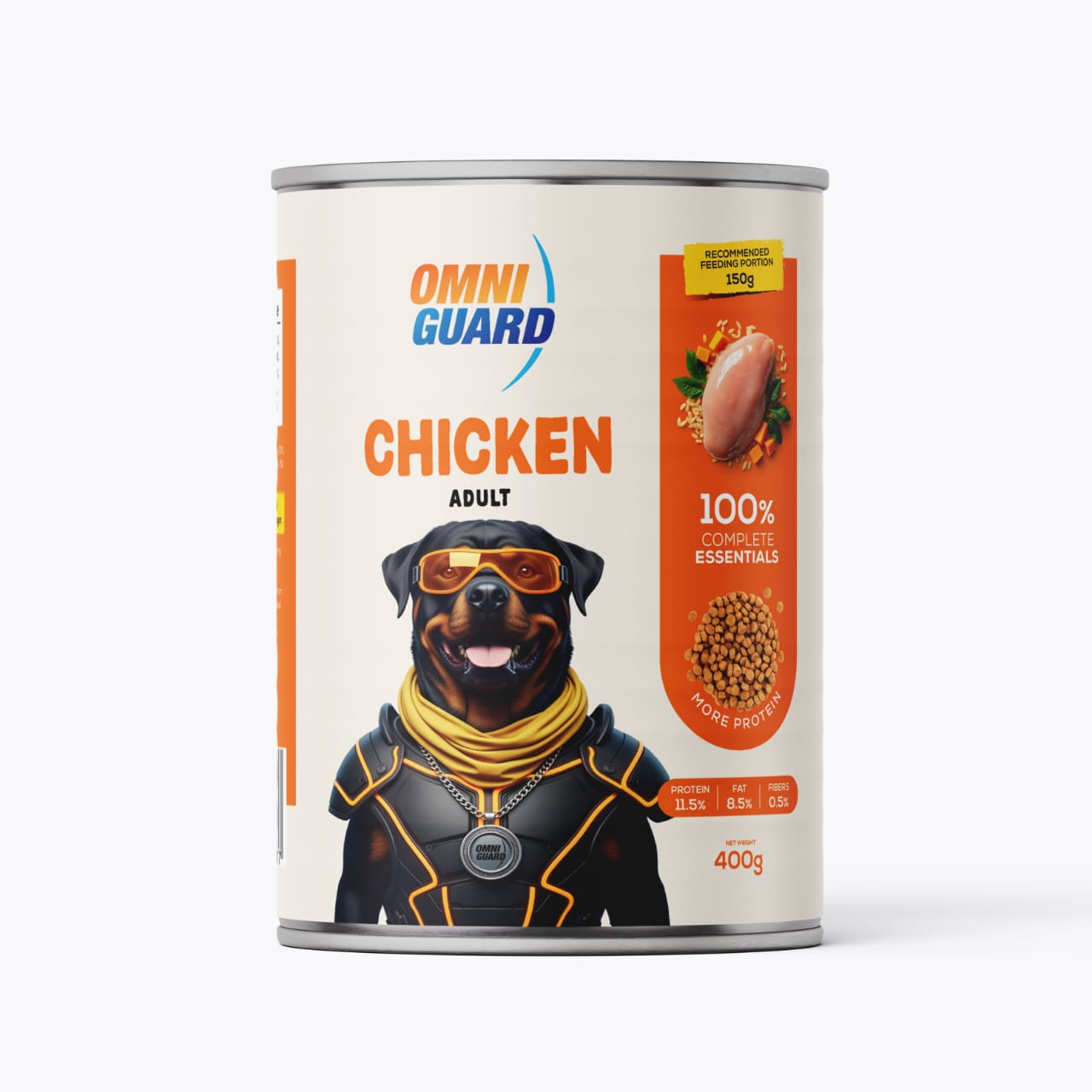 Can of Omni Guard Chicken Adult dog food on a white background