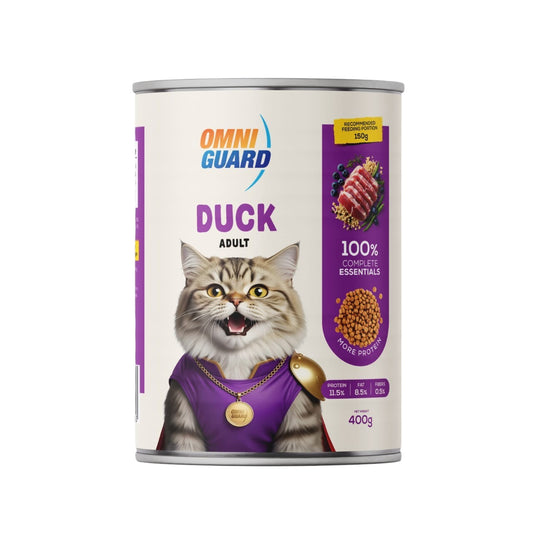 Cat food canister with Omni Guard branding and a cat wearing a purple outfit on a white background
