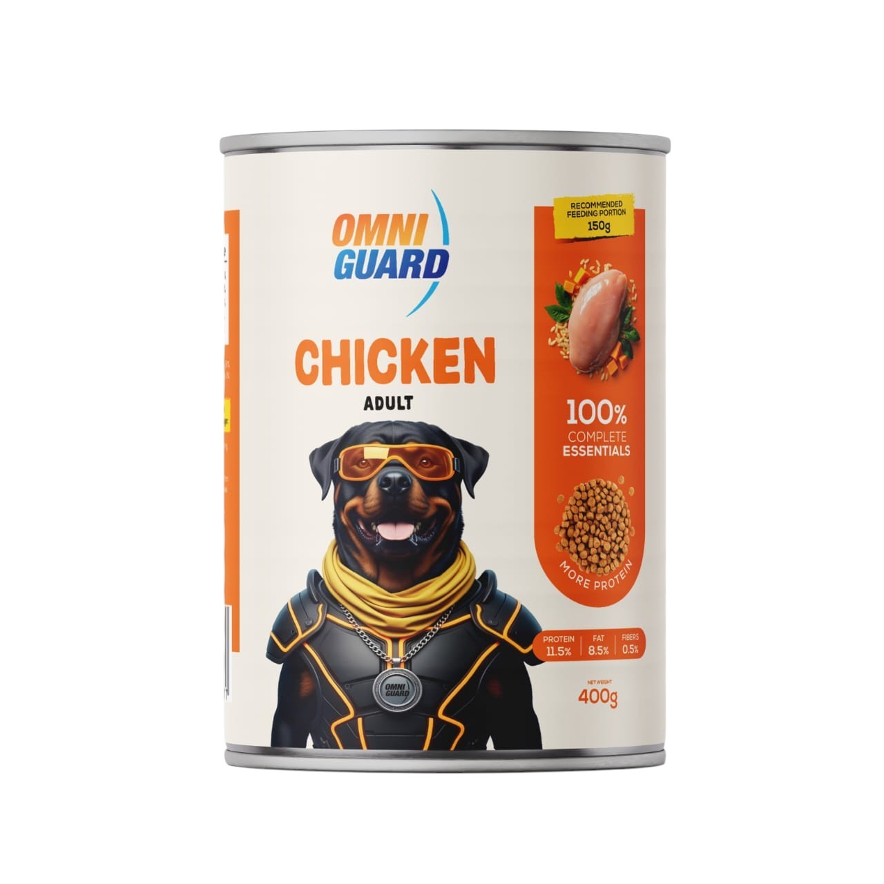 Can of Omni Guard Chicken Adult dog food on a white background