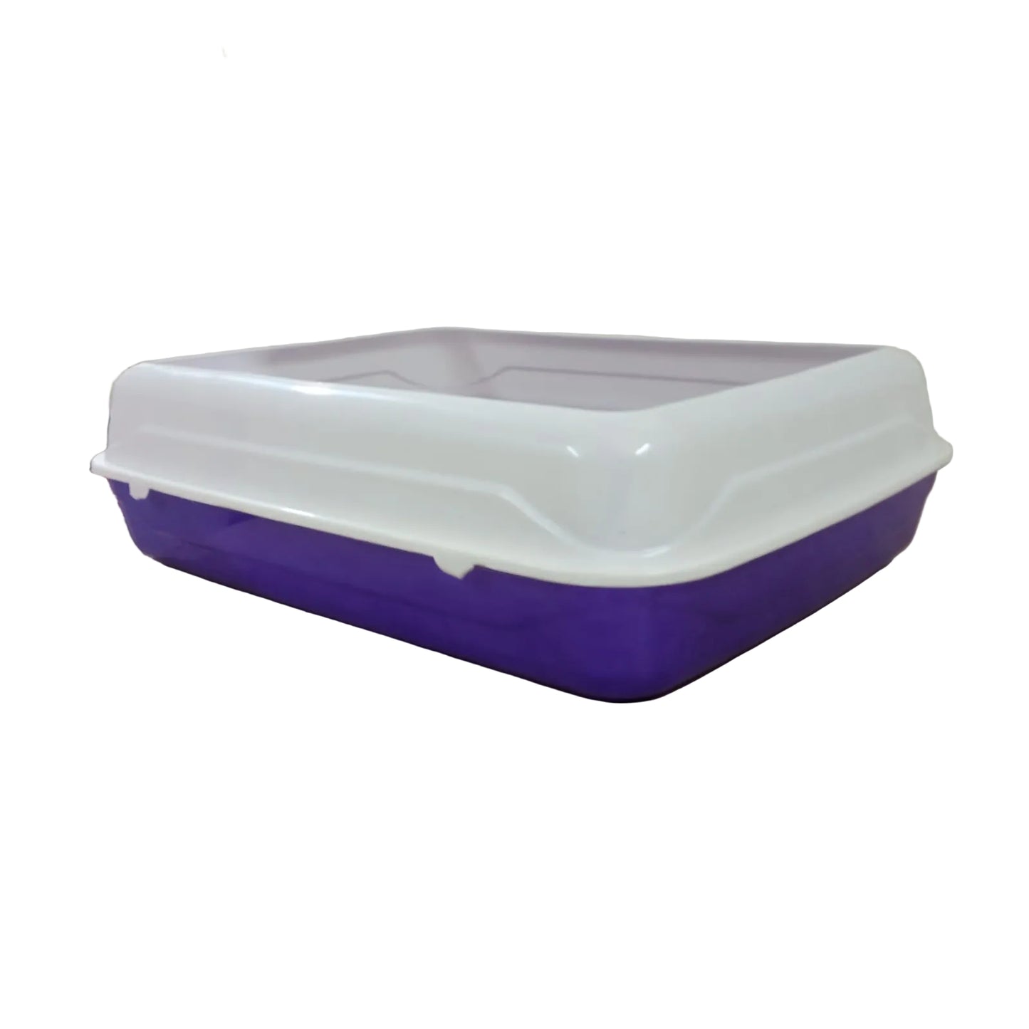 Purple and white pet litter box on a wooden table with a white wall background