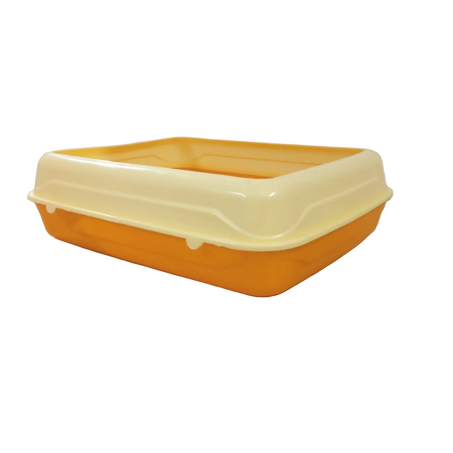 Yellow and orange plastic container on a wooden table with a white wall background