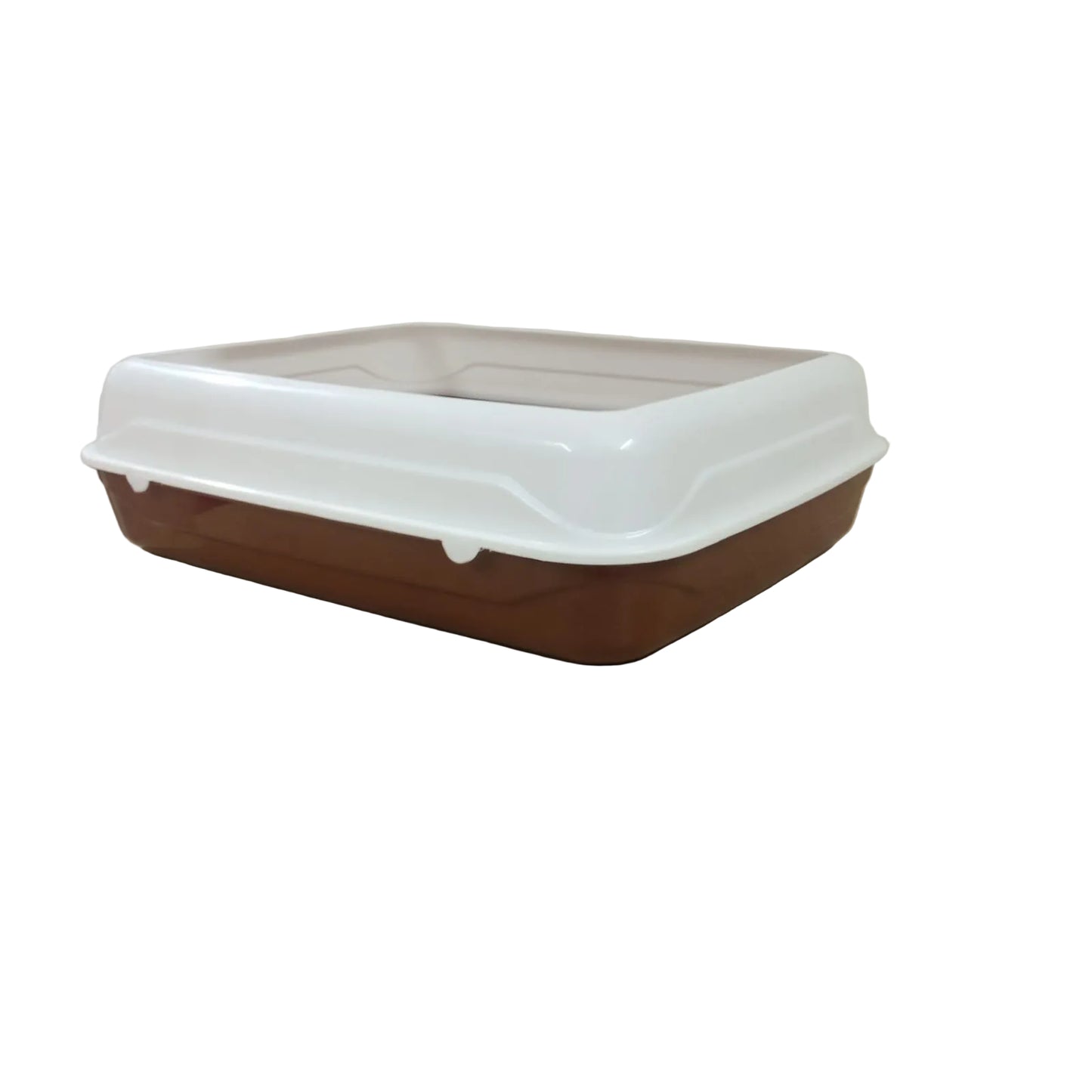 Brown pet litter box with a white lid on a wooden table.