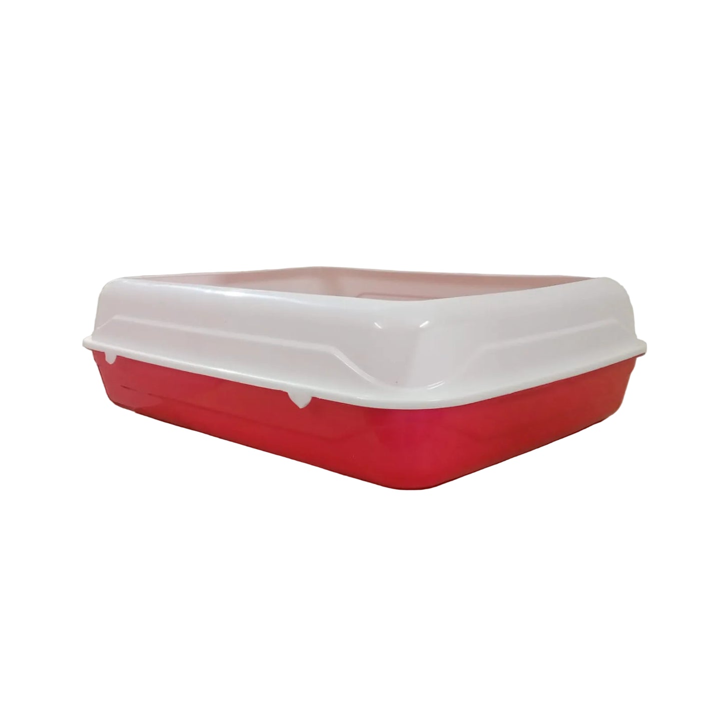 Red and white plastic container on a wooden table with a plain wall background