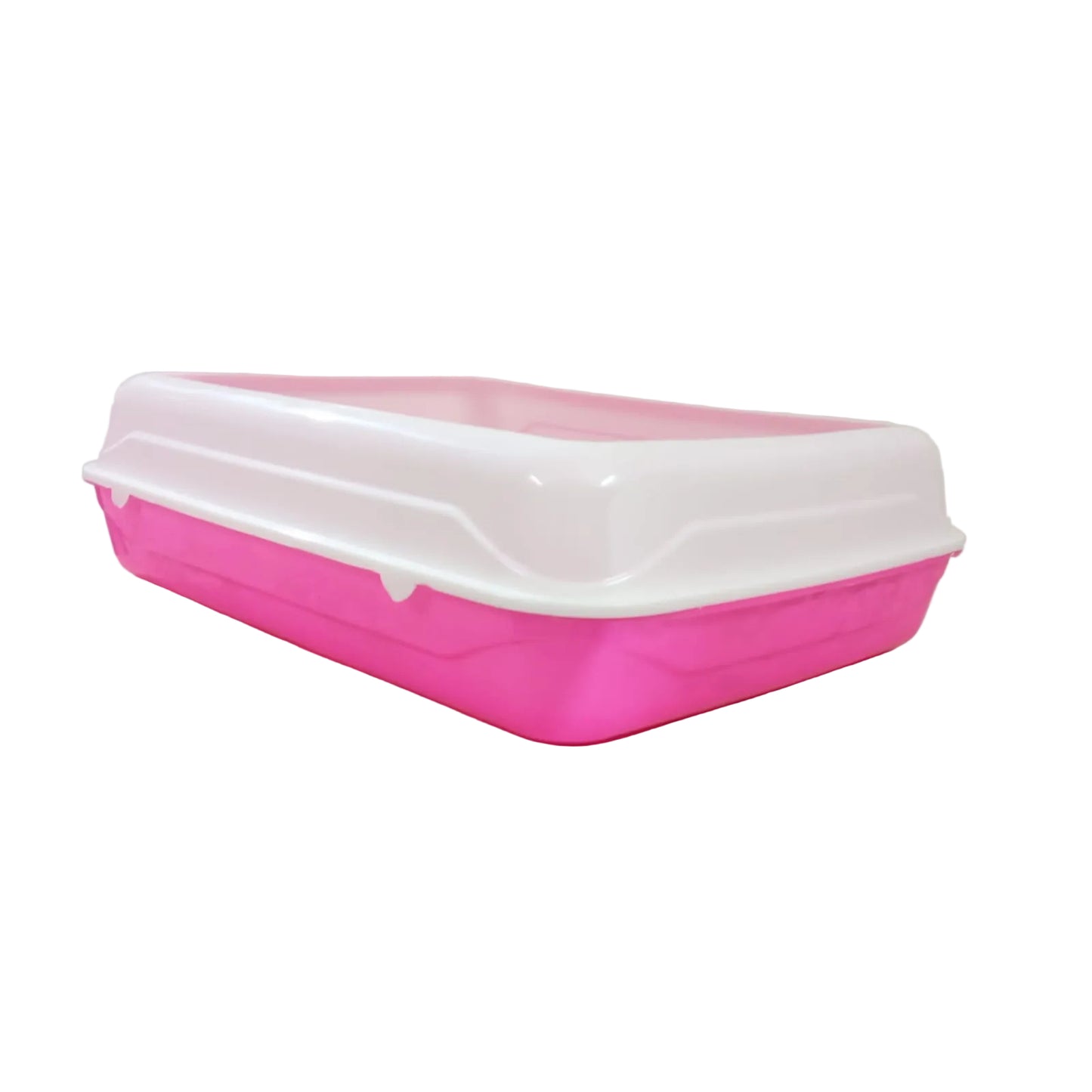 Pink and white plastic container on a wooden surface with a white wall background