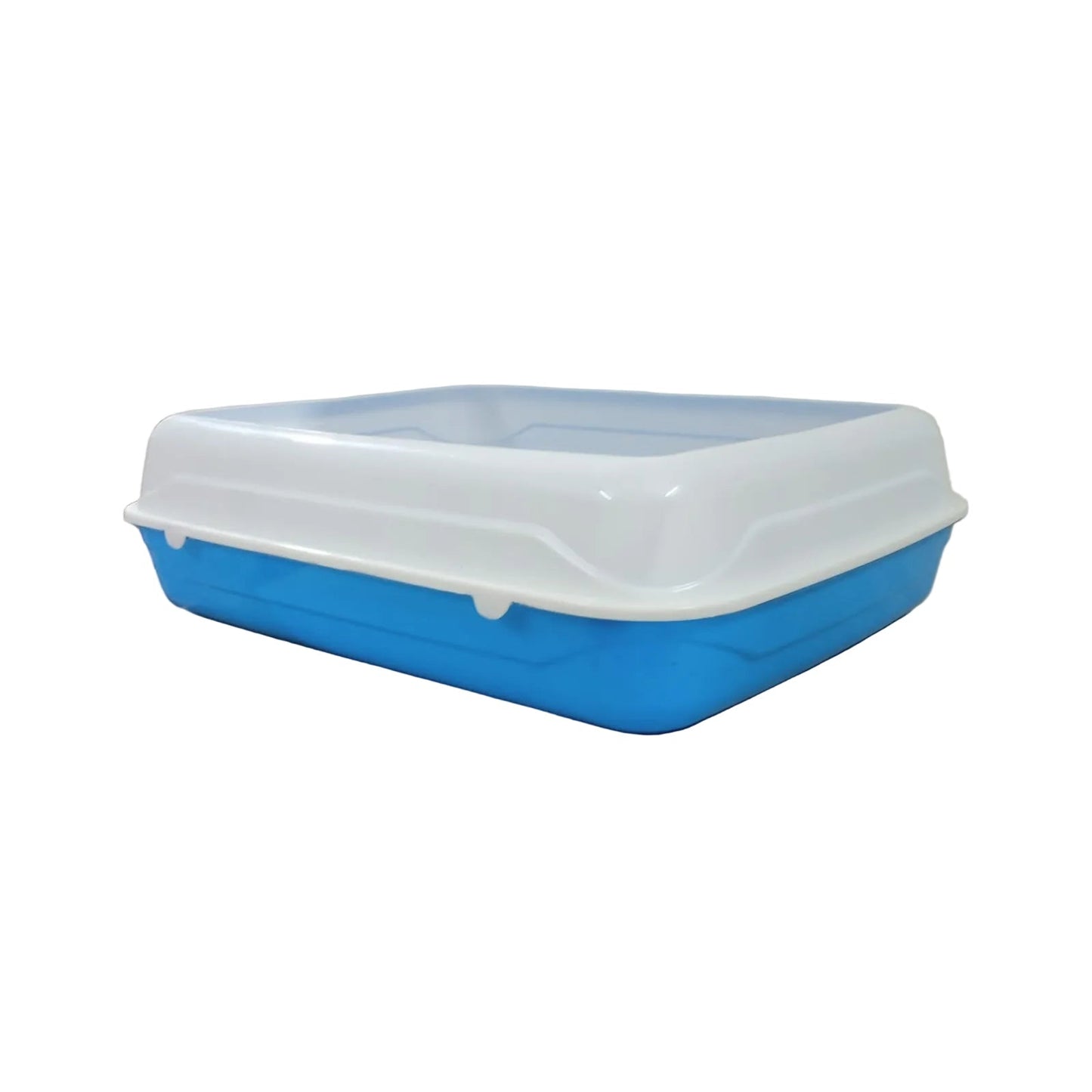 Blue and white pet litter box on a wooden table with a white wall background.