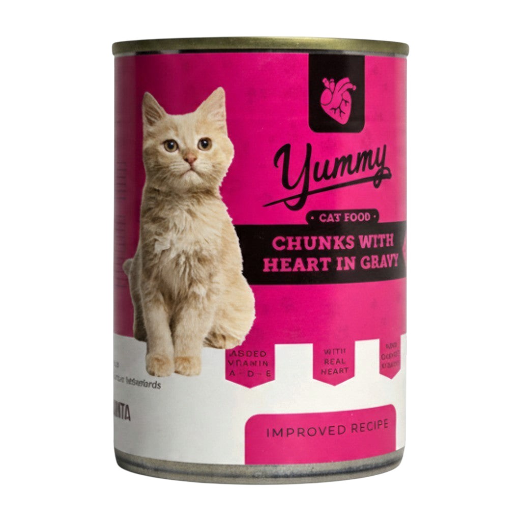 PetFriend Yummy cat food tin featuring a ginger kitten, chunks with heart in gravy, 400g wet food can