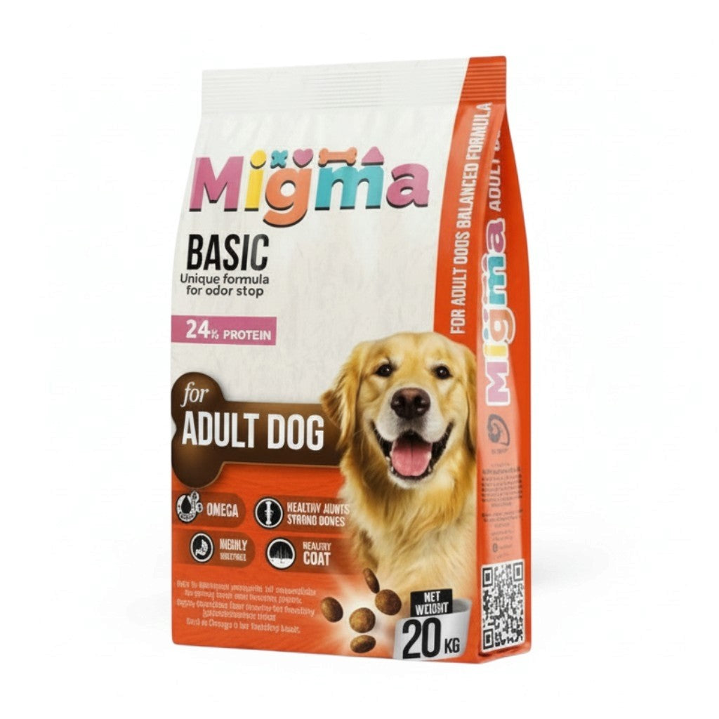 PetFriend Migma adult dog dry food 20kg bag with 75% chicken formula featuring a golden retriever on the packaging