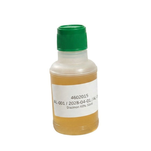 PetFriend Diazinon 60% insecticide in a 50ml clear plastic bottle with a green screw cap.